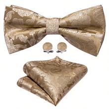 Men's Bronze Tropical Plant Jacquard Scarf Bow Tie Pocket Square Cufflinks 4Pcs Set For Wedding Party - Bronze - View 4