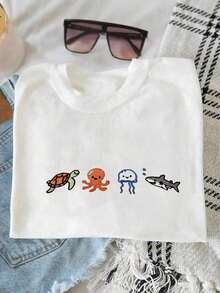 Women's Cute Sea Creature Embroidered T-Shirt, Summer Clothing For Women, Loose Fit Retro Tee - White 4 - View 7