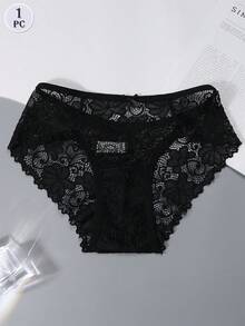 1 pieza Bragas de encaje sexy de talle bajo para mujer - Negro - Ver 3