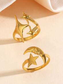 2pcs/Set Minimalist Star & Moon Design Stainless Steel Rings, Daily Wear Gift For Women - Gold - View 5