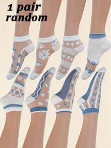 1/5 Pairs Random Transparent Blue & White Floral Low-Cut Socks, Breathable Invisible Socks, Suitable For Spring & Summer - Multicolor - View 7