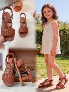 Dép xăng đan đế bằng phong cách Bohemian cho trẻ em, quai đan điều chỉnh được với họa tiết hoa trang trí. - màu nâu - Xem 3
