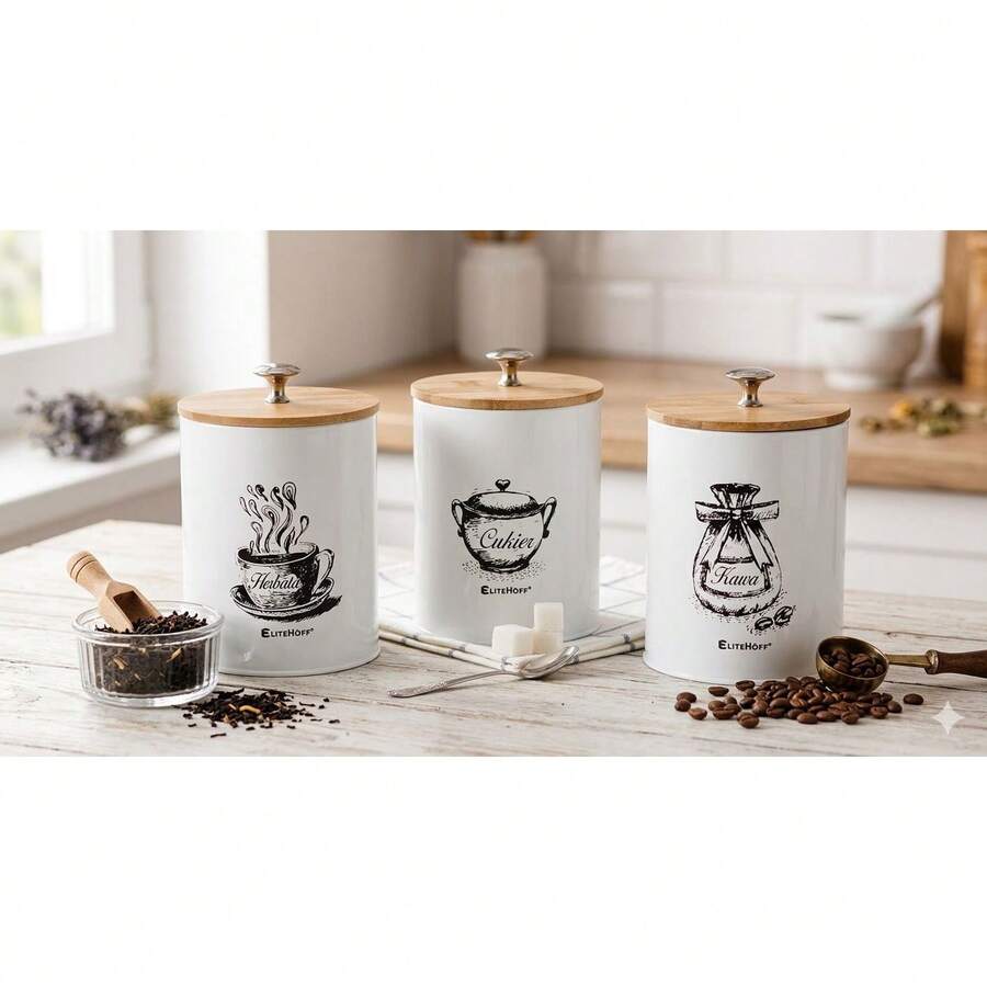 Set Of Tea Coffee Sugar Salt Containers 3 Pieces - White E-6042 - View 1
