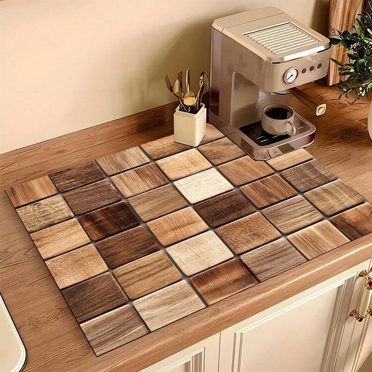 1pc Imitation Wood Grain Checkerboard Kitchen Mat Theme, Dish Rack Drying Mat, Bar Absorbent Mat, Desktop Protective Heat Insulation Mat, Kitchen Table Counter Dining Room Decoration Products, Suitable For Coffee Machine Mat, Washing Machine Mat And Microwave Oven Mat. - Multicolor - View 18