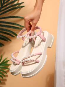 FVPFVP Giày sandal đế xuồng cao vừa phải, đính ngọc trai giả, kiểu dáng La Mã, thời trang, đa năng, đế dày, hợp xu hướng mùa hè 2024 dành cho nữ. - Màu Hồng baby - Xem 6