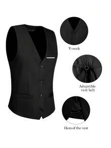 Men's Suit Vest Black Slim Fit All-Season Wedding Ceremony Business Casual Formal Classic Waistcoat Groomsmen Vest For Men Single Breasted Suit Vest Suitable For Daily Commuting Men's Daily Casual Going Out And Daily Wear - 黑色 - 查看 3