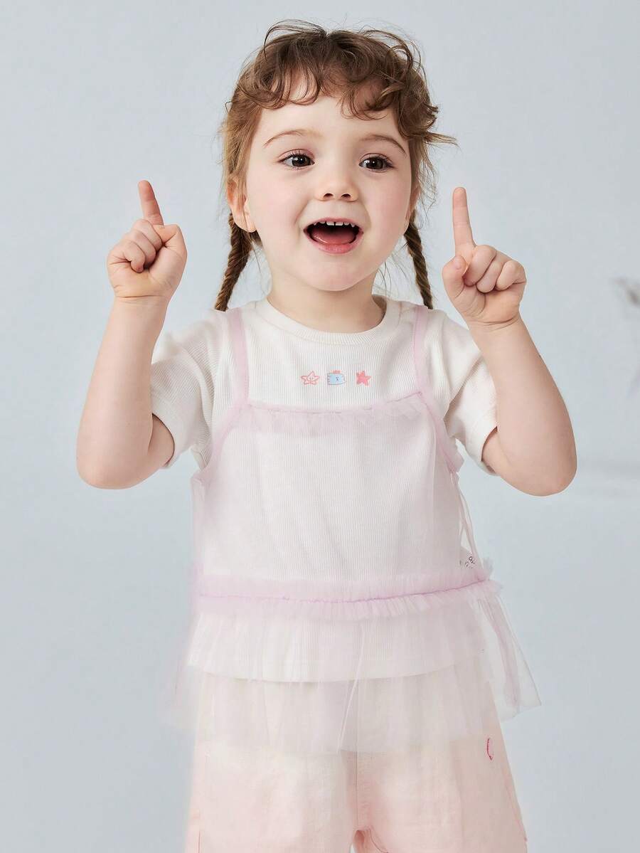 mini bala Girls Baby Short Sleeve Tee, Soft Breathable Mesh Layered Summer Top 2026 - 珍珠白 - 查看 1