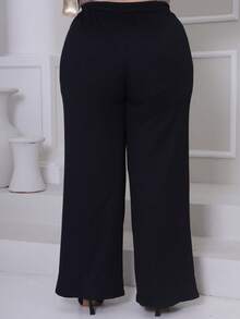 Women's Plus Size Winter Set, Plain, Consisting Of Wide-Leg Pants And A Zippered Top In Ribbed, Fleece-Lined Knit Fabric. - 黑色 - 查看 9