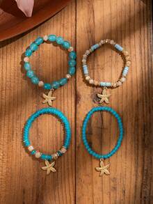 4pcs Women's Starfish Pendant Bracelets, Suitable For Daily Wear - Baby Blue - View 3