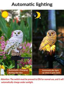 1 pieza Luz de enchufe solar con forma de búho de resina, luz nocturna impermeable para exteriores, luz decorativa, luz de atmósfera, luz decorativa de atmósfera para patio y granja al aire libre, luz LED para césped, iluminación nocturna automática - Lámpara de pie con forma de búho - Ver 9