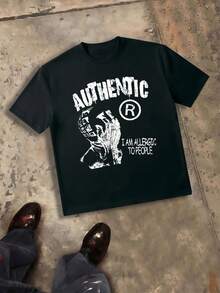 Men's 100% Cotton Graphic T-Shirt Featuring "AUTHENTIC" And "I AM ALLERGIC TO PEOPLE" Slogan Print, Distressed Portrait Illustration Regular Fit Short Sleeve Crew Neck Tee, Standard Size Sarcastic Humor Top, Traditional Silhouette Men's Apparel - màu đen - Xem 1