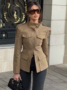 Áo khoác nữ thời trang dáng ôm vừa vặn cổ đứng - Màu Khaki - Xem 5