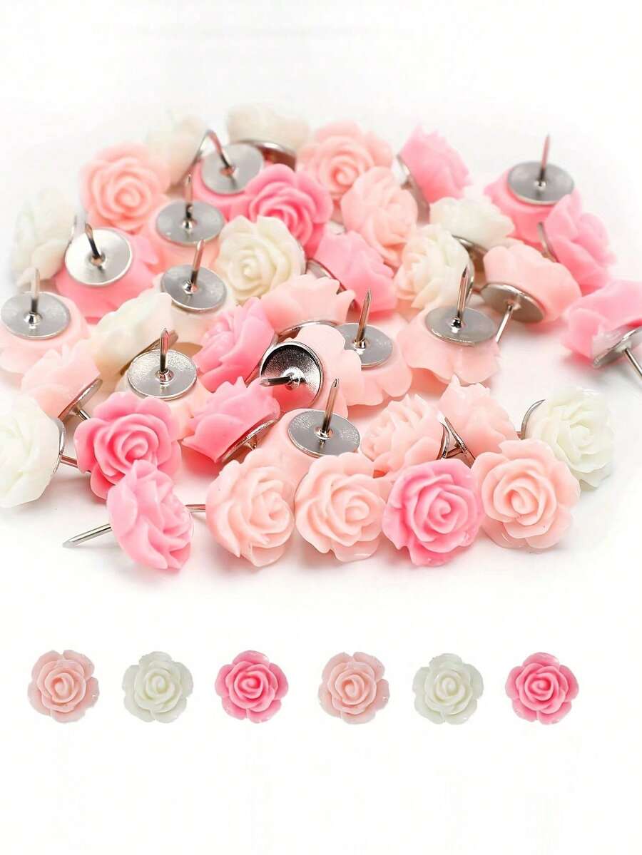 20pcs Ombre Rose Flower Push Pins, Suitable For Decorating Cork Board, Creative Floral Design Push Pins, Gift Box Packaging, Back To School, Stationery - Sets - View 1