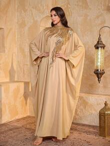 SUPGIR Women's Stand Collar Batwing Sleeve Sequin Patchwork Silk Satin Elegant Fitted Evening Dress Spring - Champagne - View 5