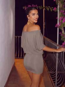 Women's Casual Elegant Batwing Sleeve Off-Shoulder Ruched Bodycon Sexy Dress, Suitable For Formal Dinner, Wedding, Vacation, Spring And Summer - Grey - View 4