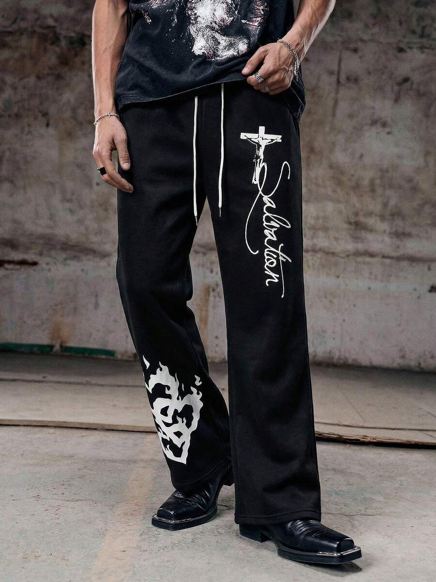 Skyrend Men's Vintage Graphic Print Loose Fit Jogging Pants With Drawstring Waist , Fashion Flared Sweatpants,Baggy Pants Men,For Rave, Back To School, 2000s Styleemo - Black - View 1