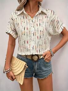 Plus Size Women Allover Print Single-Breasted Casual Versatile Daily Wear Shirt Vacation Summer - Apricot - View 9
