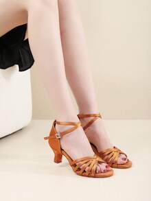 5cm Mid-Heel Satin Latin Dance Shoes, Buckle Closure, Suitable For Latin, Salsa, Jazz Dance, Professional Dance Performance, Fashion, Lightweight, Comfortable, Durable - Brown - View 2