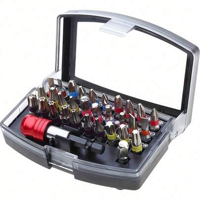 Tatukiko 32pcs S2 Material Electric Screwdriver Bit Set, Includes Flat, Square, Hexagon, Star, And Hollow Star Bits With Quick Release Shaft