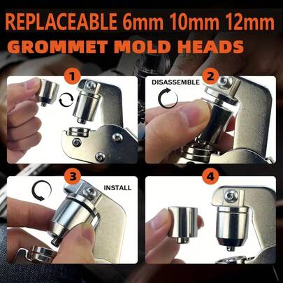 一套必备的鸡眼扣冲孔工具套装，包含100个10毫米鸡眼扣，是DIY篷布、合成纤维和防水织物项目的理想之选，也是金属鸡眼扣安装工具、缝纫和手工制作必备品，可用于DIY篷布修补和鸡眼扣安装、DIY手工艺品、皮革制品、皮带、鞋子等。