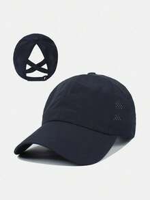 1 chiếc mũ lưỡi trai nữ màu đen trơn, thoáng khí, chất liệu lưới, có khóa điều chỉnh phía sau, thích hợp cho mùa hè. - Nhanh khô và thoáng khí - Xem 3