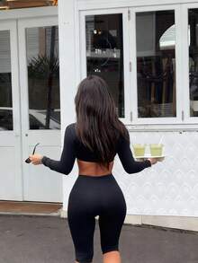 Women's Sexy Off The Shoulder Long Sleeve V Neck Crop Top And High Waist Slim Fit Leggings Two Pieces Set Medium Stretch Casual Outfit Spring Black - Black - View 2