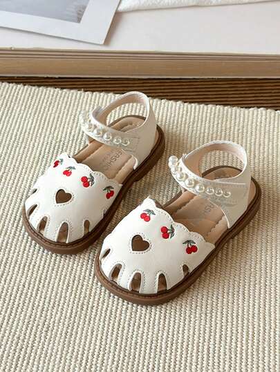 1 Pair 2026 Summer Girls Cherry Pearl Sandals, Children Soft Bottom Non-Slip Princess Shoes, Toddler Walking Shoes