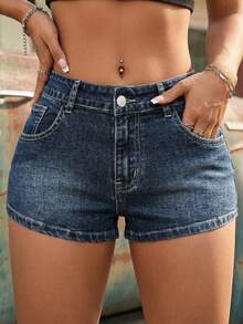 Pantalones cortos vaqueros de pierna recta casuales para mujer alta, con decoración de botones, diseño de moda - Azul lavado oscuro - Ver 5