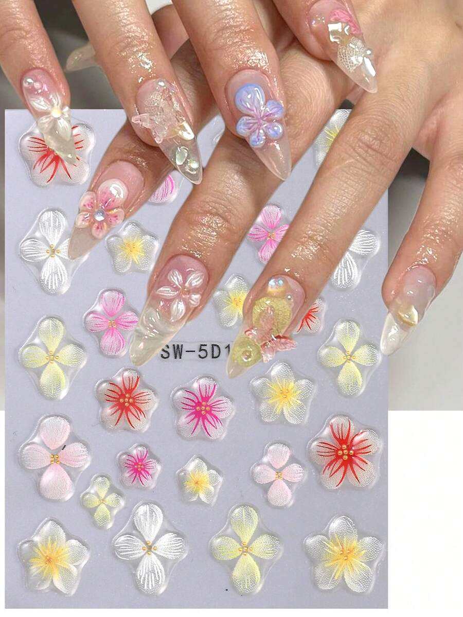 SWEET TREND 5D芙蓉花浮雕美甲贴纸 1片 彩色渐变 红黄白粉 春夏花卉花瓣果冻质感贴花 DIY浪漫时尚婚礼假日日常雕刻自粘沙龙贴纸滑动美甲装饰 女士和女孩美甲设计 - 彩色 - 查看 1