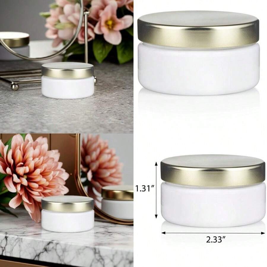 White Refillable Low Profile PET Plastic BPA Free Jar with Gold Metal Lid - 2 oz (6 pack) + Spatulas and Labels - como en la imagen - Ver 1