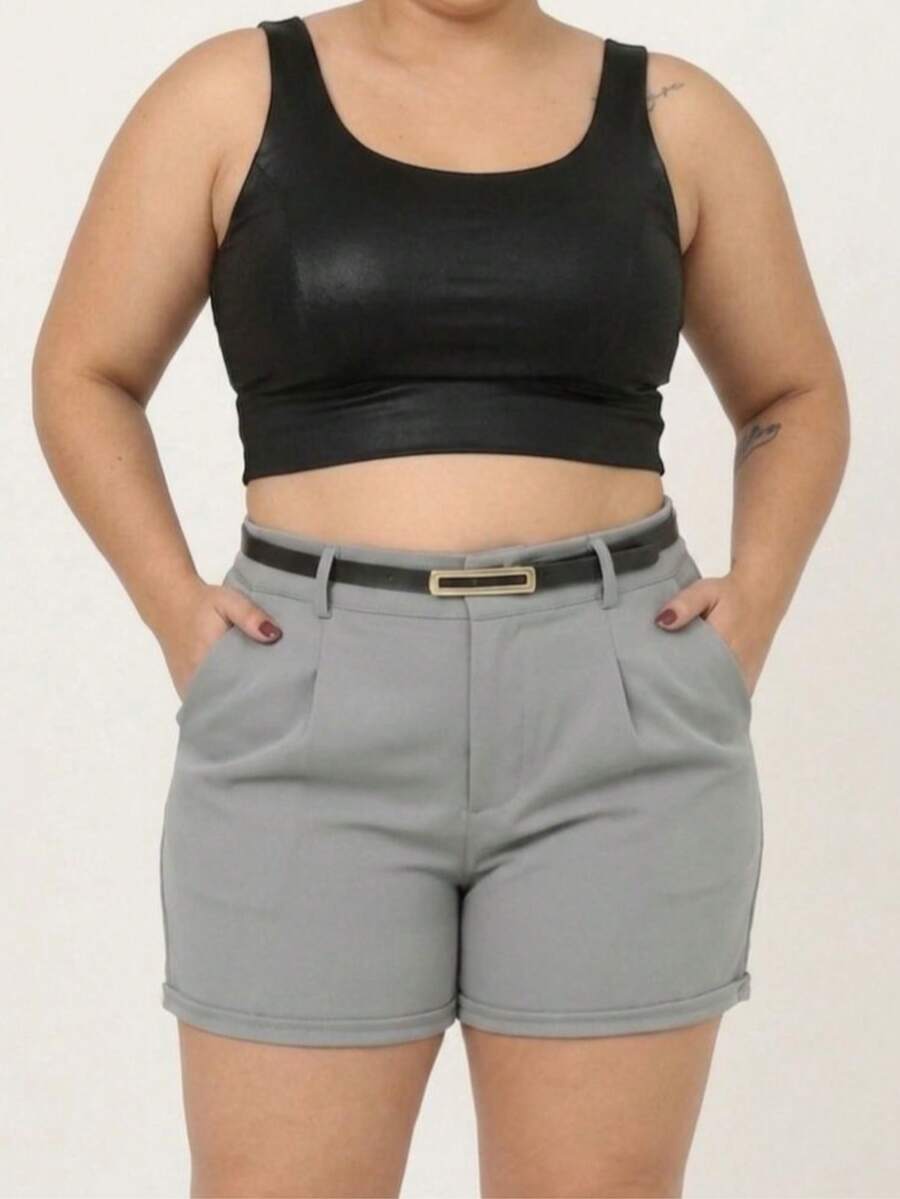 Tailored Plus Size Shorts With Elegant Belt - Summer 2026 - Ideal For Everyday Wear And Going Out - A Versatile And Comfortable Piece That Shapes Your Body. - 1gray - Xem 1