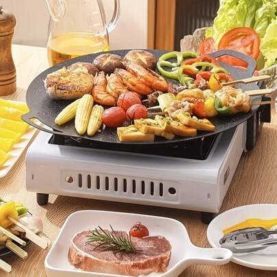 Non-Stick Barbecue Grill, Suitable For Outdoor Camping, Applicable To Induction Cooktop - Portable, Household, Iron Cooking Plate - Non-Stick Round Baking Pan - Barbecue Cooking Utensils - Ideal For Outdoor Camping And Picnics
