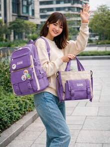 Shendy Vendy Backpack With Large Capacity, 5-Piece Set Fashionable Cool Youth Backpack Pencil Case Laptop School Student - MOD101 淡紫色 - 查看 4