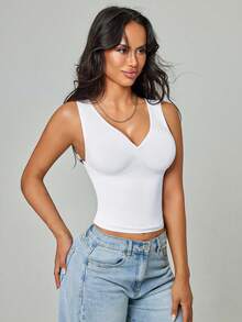 Women V-Neck Tummy Control Seamless Workout Shapewear Tank Tops Casual White Summer - White - View 4