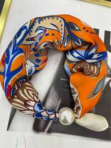 1pc Bandana With Star, Starfish, Cashew Print Elements, Pearl Magnetic Clasp Neck Scarf - Multicolor - View 6