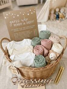 Conjunto de 10 jogos impressos para chá de bebê – Jogo "Quem é a mamãe ou o papai?" para menino ou menina, tema rústico em papel kraft, decoração neutra para festa de chá de bebê. - Multicolorido - Ver 5