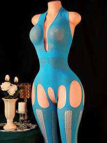 1pc Women's Sexy Lingerie Fishnet Bodystocking,Halter Sleeveless Deep V Crotchless Bodysuit,Hollow See-Throug,Hot Girl Outfit,Bikini Cover-Up,Sexy Party Role Play Costume Valentine's Day - Baby Blue - View 3