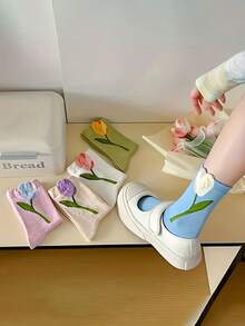 5 pares de calcetines de media caña de algodón peinado con estampado floral dulce para mujeres, suaves y cómodos, adecuados para todas las estaciones - Multicolor - Ver 4