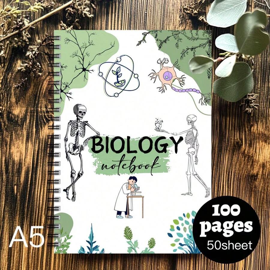 One Biology Notebook With Spiral Binding - A Science Journal Showcasing A Microscope, Neurons, Atomic Structures, And Skeletons - Designed With A Green Lab Theme For Students, Educators, And Researchers. Ideal For Classroom, Office,No Pen Included. - E - View 1