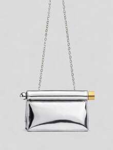 时尚银色卷边手拿包，女士设计师金属手柄手提包，金色简约单肩斜挎包，优雅派对钱包 - 彩色 - 查看 5