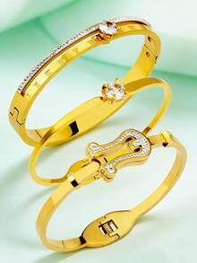 [Temporada de bodas] Pulsera con hebilla romana para mujeres, pulsera de acero inoxidable chapada en oro con gran circonita, minimalista elegante y lujosa, regalo para la fiesta nupcial, regalo para la amante/madre - Combinación de diamantes - Ver 3