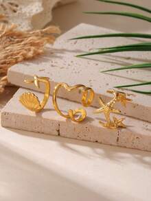 3件套时尚不锈钢海星开口戒指套装，18K镀金，适合女性日常、海滩、度假佩戴 - 彩色 - 查看 3