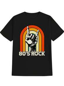 Camiseta Casual de Cuello Redondo para Hombre con Estampado Gráfico "80'S Rock", Estilo Retro, Regalo Perfecto para Hombres, Ajuste Regular con Tela Ligeramente Elástica, Ropa Casual de Verano |   Camiseta gráfica |   Material ligeramente elástico - Negro - Ver 6