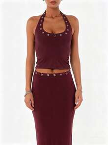 Women's O-Ring Studded Y2k Halter Neck Crop Tank Tops Slim Fit Scoop Neck Rivet Metal Eyelet Backless Sleeveless Vest Summer Y2K Streetwear Gothic Punk Clothes Rave Costumes Party Clubwear - 酒紅色 - 查看 5