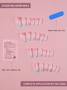 24片Y2K风格蓝色方形法式美甲贴纸，花卉闪粉设计，适合春夏佩戴。这款易于佩戴的亚克力假指甲套装包含1瓶凝胶胶水和1个指甲锉，适合女性和女孩日常及派对使用。 - 彩色 - 查看 2