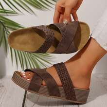 Travel Walking Outdoor Summer Shoes Women Solid Color Beach Sandals Thick Braided Sole Platform Casual Slippers Flats Slides - 咖啡棕 - 查看 8