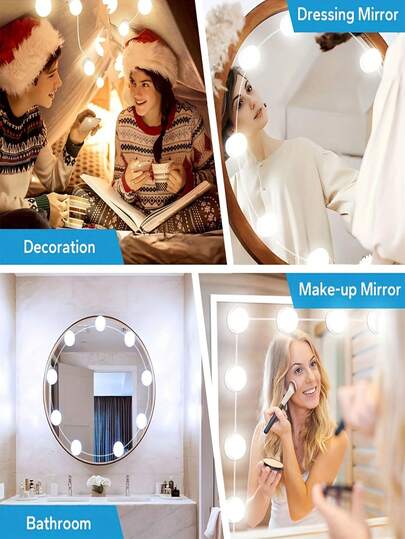 1 bộ đèn LED 4/6/8/10/12/14 bóng có nút USB, điều chỉnh độ sáng 3 màu, đèn LED trắng, vàng, ánh sáng trung tính, độ sáng có thể điều chỉnh, thích hợp cho gương trang điểm, lý tưởng cho quán bar, phòng trang điểm, trang trí phòng ngủ, studio phát trực tiếp và các địa điểm giải trí khác.