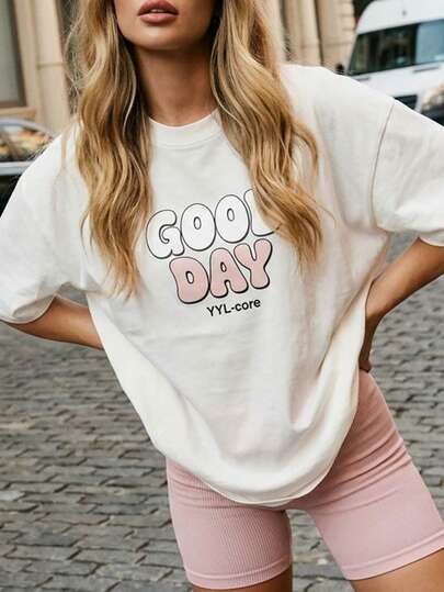 Women's Y2K Aesthetic Oversized Drop Shoulder T-Shirt, GOOD DAY Color Block Letter Print Short Sleeve Tee, 90s Retro Streetwear Casual Loose Fit Top, Minimalist Slogan Graphic Tee, E-Girl Aesthetic Clothing, Trendy Y2K Core Outfit, Summer Casual Going Out Tops, Perfect for Daily Wear, Back to School, Date, Commute, Coffee Shop, Travel, Music Festival, Rave, Party, Street Style, Club, Hot Girl Summer Essential, Plus Size Friendly Casual Tee, Women's Fashion Apparel
