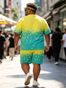 Plus Size Men's Bright Color Gradient Loose Casual Short Sleeve Shorts Set, Summer Contrast Color Funny Print Plus Size Thin Sports Suit, 2-Piece Personalized Outfit Suitable For Tall And Men, Daily And Workout Versatile Round Neck T-Shirt Set - Multicolor - View 5
