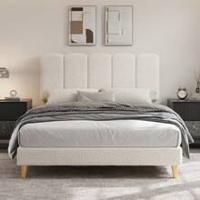 Techigher Boucle Fabric Bed Frame, Modern Style, Upholstered Platform Bed With Adjustable Wave Headboard, Wooden Slats Support, No Box Spring, Easy Assembly - 雙人尺寸 - 查看 3